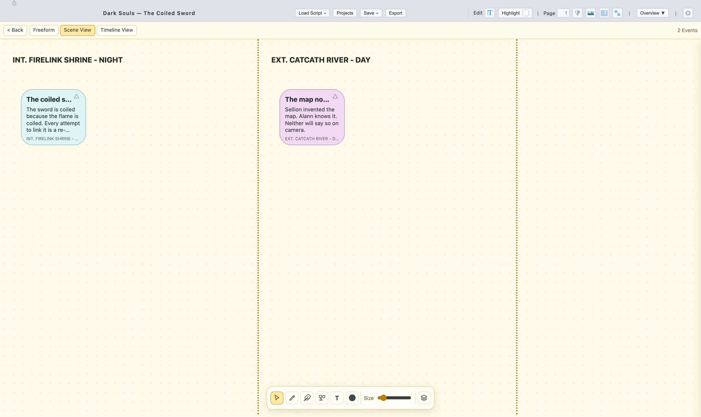 Event Graph Scene View with a column per scene heading holding event cards